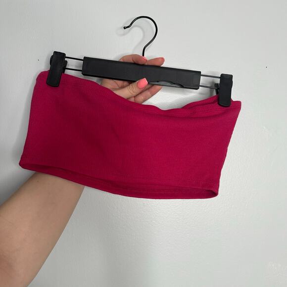 Roxy Women’s Aloha Bright Pink Ribbed Cropped Tube Top with White Flowers Size M - Picture 7 of 7